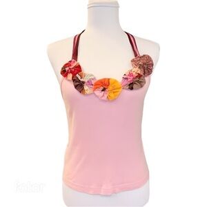 Petro Zillia 00's Pink Floral Embellishment Ribbon Tie Halter Tank Top Size M/L